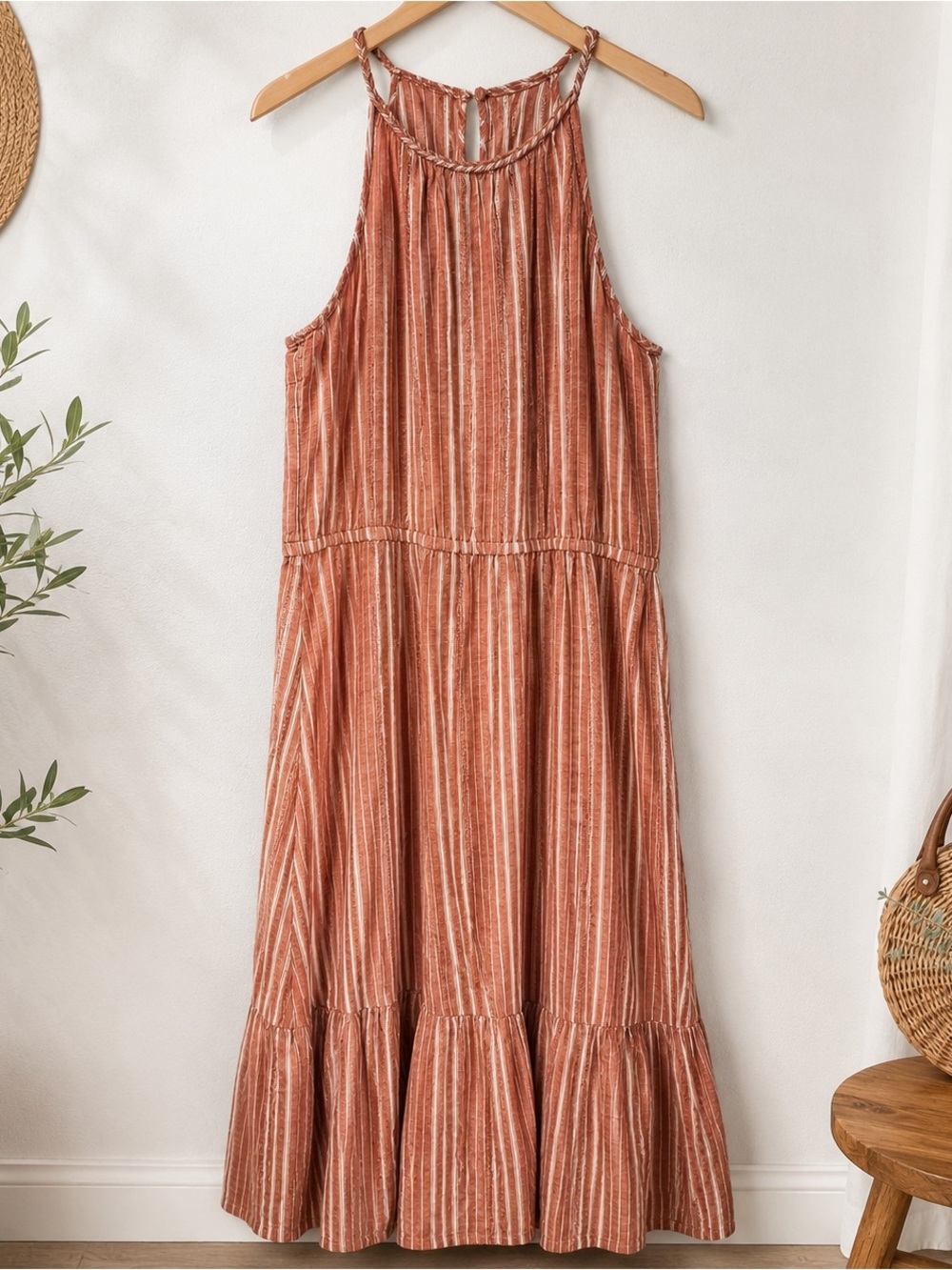 Old Navy Rust Striped Linen Blend Maxi Dress Medium Boho Cottagecore Summer